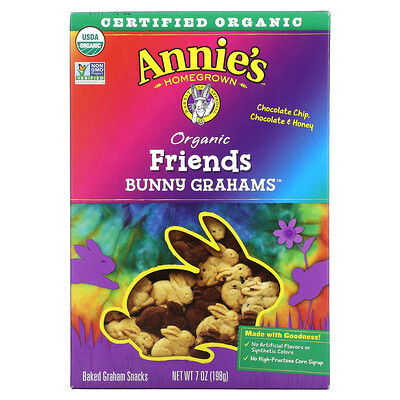 Annie's Homegrown Organic Friends Baked Bunny Graham Snacks, шоколадная крошка, шоколад и мед, 198 г (7 унций)