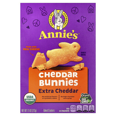 Annie's Homegrown, Conejitos con queso cheddar orgánico, Queso cheddar extra, 212 g (7,5 oz)