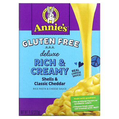Annie's Homegrown Deluxe Rich & Creamy, рисовая паста и сырный соус, ракушки и классический чеддер, без глютена, 312 г (11 унций)