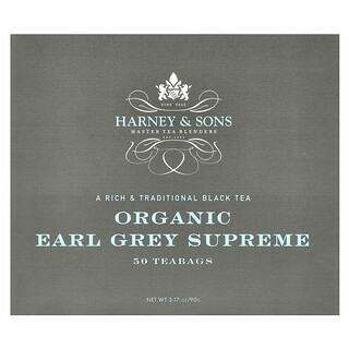 Harney & Sons, Té negro, Earl Grey supremo orgánico, 50 bolsitas de té, 90 g (3,17 oz)