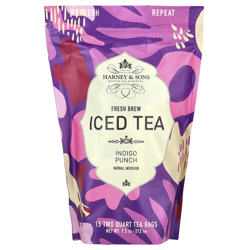 Harney & Sons, Fresh Brew Iced Tea, Indigo Punch, Caffeine Free, 15 Two Quart Tea Bags, 7.5 oz (212 g)