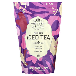 Harney & Sons, Ceai cu gheață Fresh Brew, Punch Indigo, fără cofeină, 15 pliculețe de ceai de două litri, 7,5 oz (212 g)