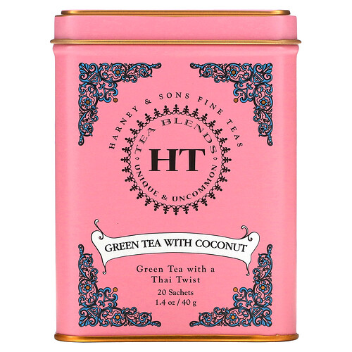 Harney & Sons HT Tea Blends, Green Tea with Coconut, 20 Tea Sachets, 1.4 oz (40 g)