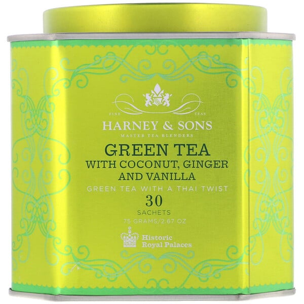 Harney & Sons, зеленый чай с кокосом, имбирем и ванилью, 30 пакетиков, 75 г (2,67 унции)
