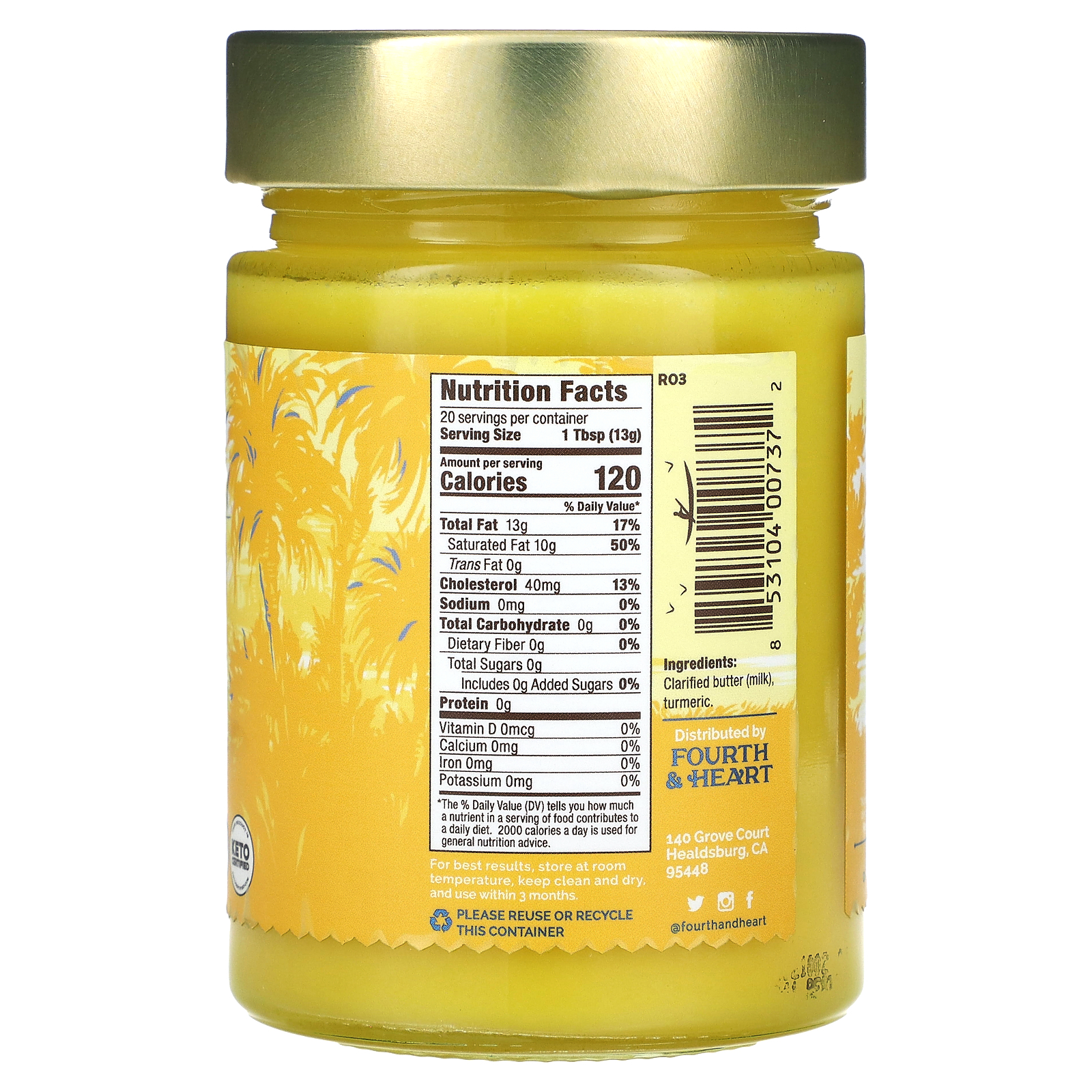 4th & Heart, Ghee Clarified Butter, GrassFed, Turmeric, 9 oz (255 g)