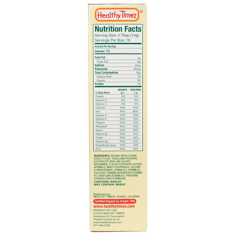 Healthy Times, Organic Cereal for Baby, Barley, 8 oz (227