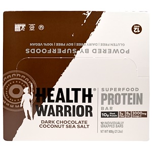 Health Warrior, Inc., Протеиновый батончик, темный шоколад, кокос, морская соль, 12 шт., 50 г каждый