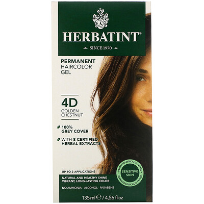 Herbatint Permanent Haircolor Gel, 4D, Golden Chestnut, 4.56 fl oz (135 ml)