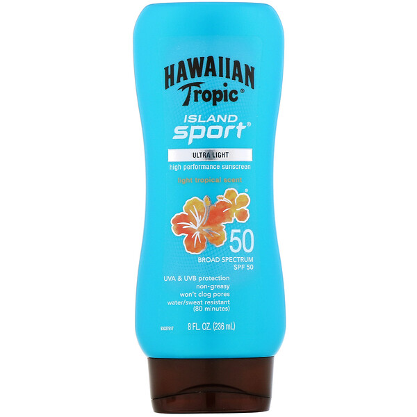 Hawaiian Tropic, Island Sport, Protector solar de amplio espectro, FPS 50, Tropical suave, 236 ml (8 oz. líq.)