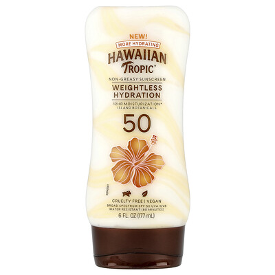 Product Image for Hawaiian Tropic, Weightless Hydration, Non-Greasy Sunscreen, SPF 50, 6 fl oz (177 ml)