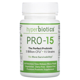 Hyperbiotics, PRO-15, El probiótico perfecto, 5000 millones de UFC, 60 microperlas patentadas de liberación prolongada