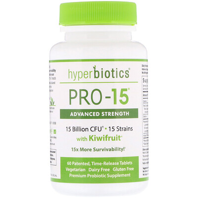 Hyperbiotics PRO-15, сила в сочетании с плодами киви, 60 запатентованных таблеток с эффектом медленного высвобождения