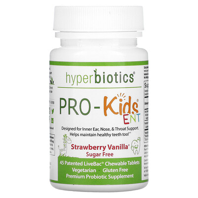 

Hyperbiotics PRO-Kids ENT, без сахара, клубника и ваниль, 45 жевательных таблеток LiveBac