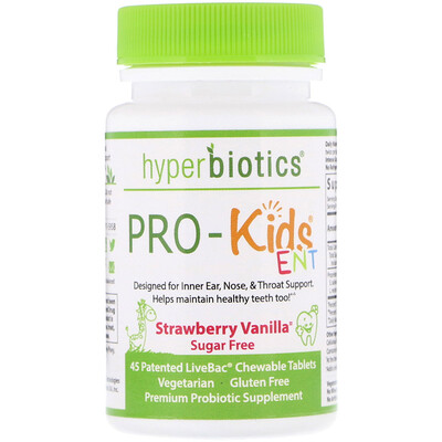 Hyperbiotics PRO-Kids ENT, без сахара, клубника и ваниль, 45 патентованных жевательных таблеток LiveBac