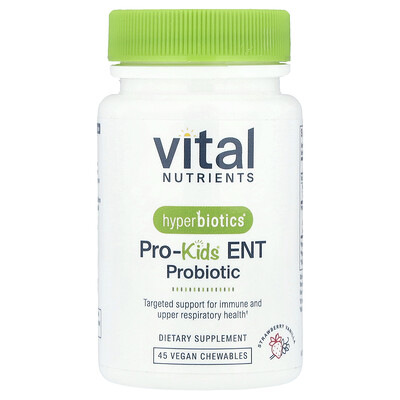 Vital Nutrients, Hyperbiotics®, Pro-Kids® ENT Probiotic, Suplemento probiótico para niños, Fresa y vainilla, 45 comprimidos masticables veganos