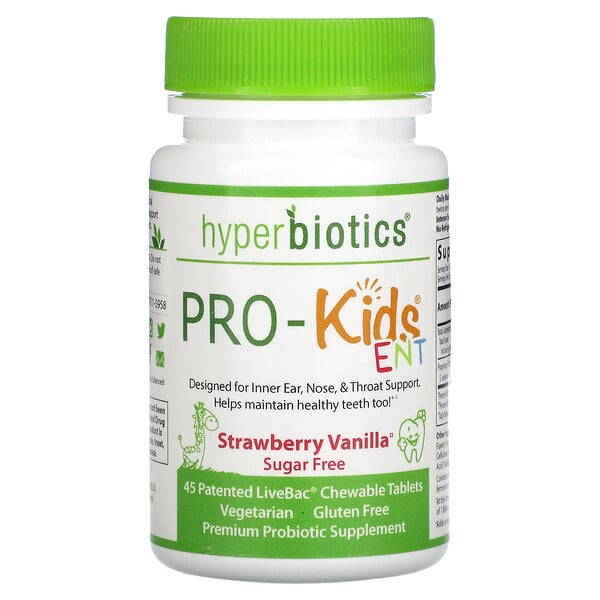 PRO-Kids ENT, пробиотики для детей, без сахара, с клубничным и ванильным вкусом, 45 запатентованных жевательных таблеток LiveBac