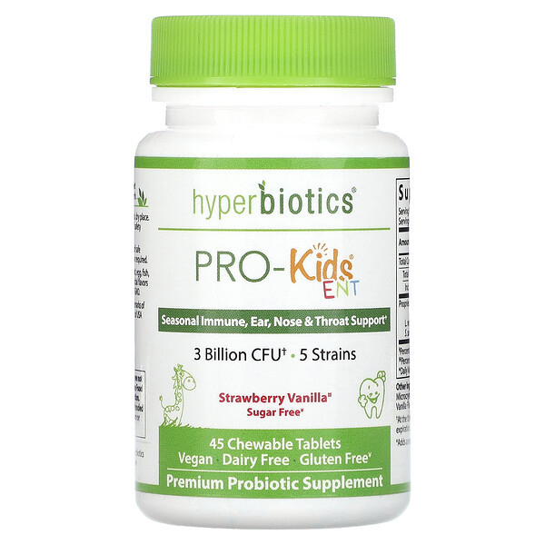 Hyperbiotics‏, PRO-Kids ENT, תוסף לילדים ללא סוכר, בטעם תות וניל, 45 טבליות מציצה LiveBac מוגנות באמצעות פטנט