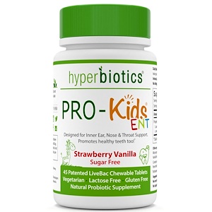 Hyperbiotics, PRO-Kids ENT, клубнично-ванильный вкус, без сахара, 45 жевательных таблеток