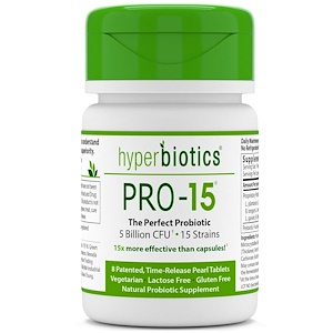Hyperbiotics, Pro-15, отличные пробиотики, 5 млрд КОЕ, 8 таблеток
