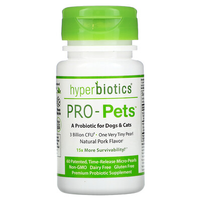 Hyperbiotics Pro-Pets, Probiotics For Dogs & Cats, Natural Pork, 3 Billion CFU, 60 Patented, Time-Release Micro-Pearls