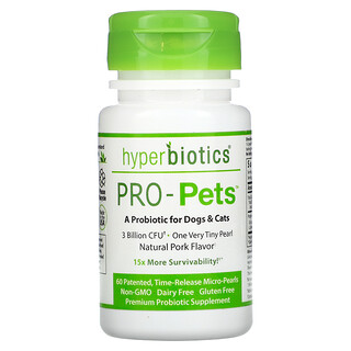 Hyperbiotics, Pro-Pets, Probiotics For Dogs & Cats, Natural Pork, 3 Billion CFU, 60 Patented, Time-Release Micro-Pearls