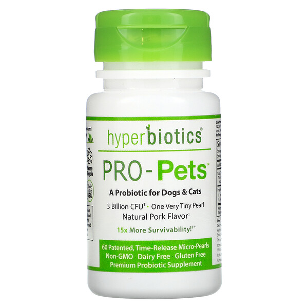 Hyperbiotics‏, Pro-Pets, Probiotics For Dogs & Cats, Natural Pork, 3 Billion CFU, 60 Patented, Time-Release Micro-Pearls