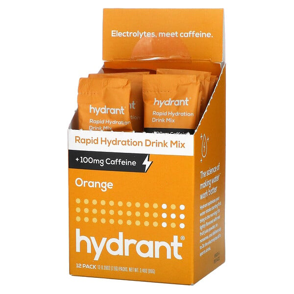 Hydrant, Rapid Hydration Drink Mix +100 mg Caffeine, Orange, 12 Pack, 0.28 oz (7.9 g) Each
