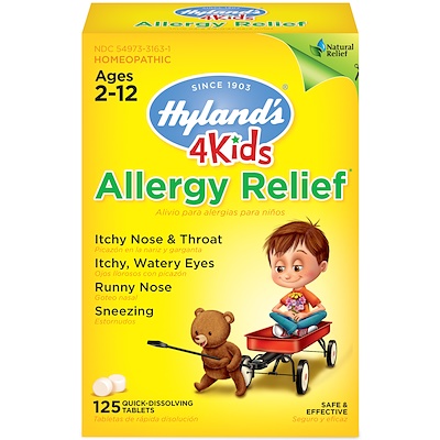 

4 Kids, Allergy Relief, снимает 4 симптомы аллергии, возраст от 2 до 12, 125 быстро всасывающихся таблеток
