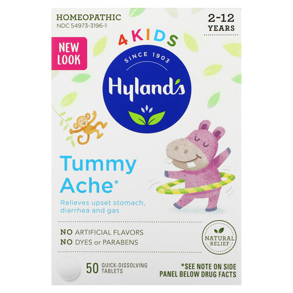Hyland's, 4Kids, Dolor de barriga, Niños de 2 a 12 años, 50 comprimidos de disolución rápida