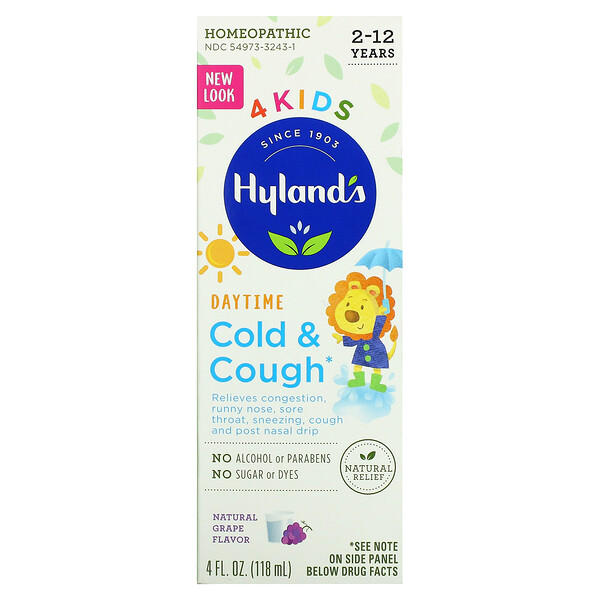 Hyland's, 4 Kids, средство от насморка и кашля для детей, для приема днем, от 2 до 12 лет, со вкусом натурального винограда, 4 мл (118 жидк. унций)