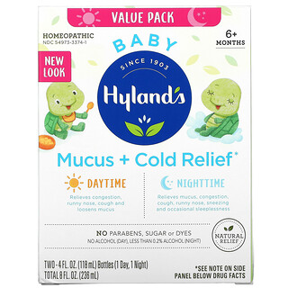Hyland's, 婴儿，粘液 + 着凉舒缓，日夜超值套装组合，6 个月以上，2 瓶，每瓶 4 液量盎司（118 毫升）