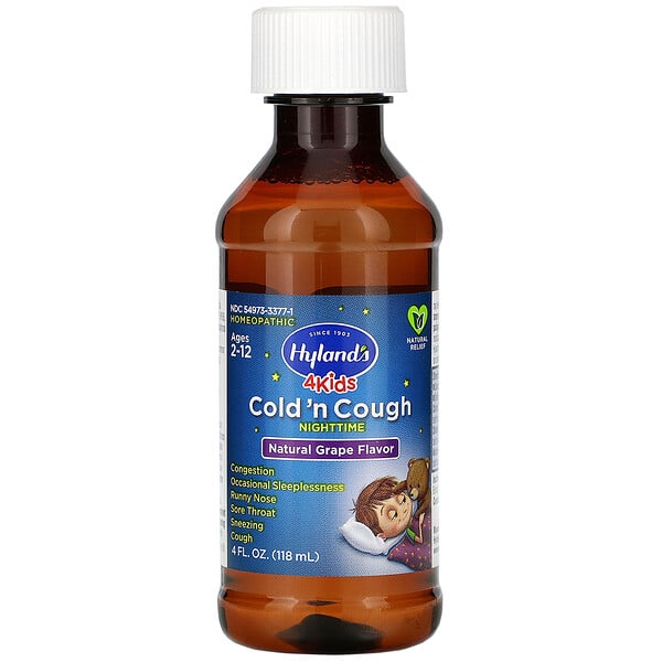 Hyland's, 4 Kids, Cold 'n Cough Nighttime, Ages 2-12, Natural Grape Flavor, 4 fl oz (118 ml)