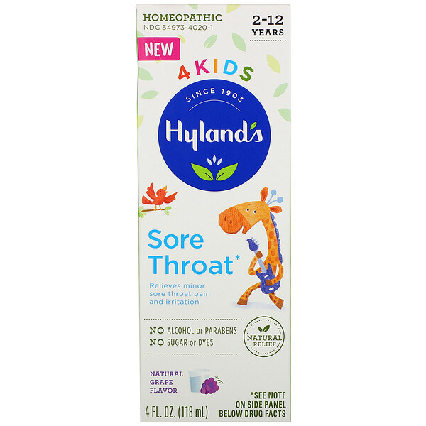 Hyland's, 4 Kids, Sore Throat, 2-12 Years, Natural Grape Flavor, 4 fl oz (118 ml)