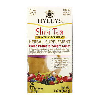 Hyleys Tea Slim Tea, 5 Flavor Assortment, 25 Foil Envelope Tea Bags, 1.32 oz (37.5 g)