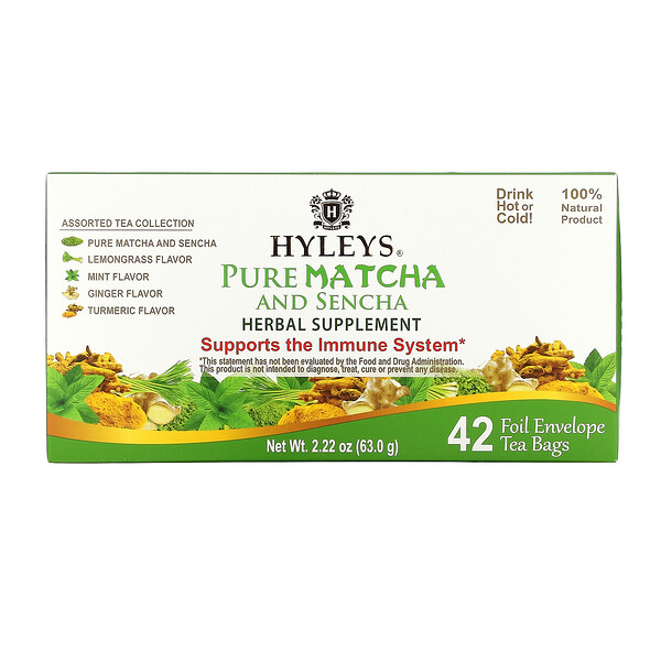 Hyleys Tea, Pure Matcha And Sencha Herbal Supplement, Assorted Tea Collection, 42 Foil Envelope Tea Bags, 0.05 oz (1.5 g) Each