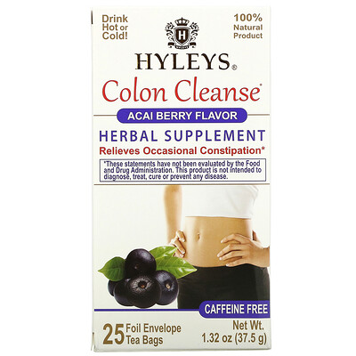 

Hyleys Tea Colon Cleanse, ягоды асаи, без кофеина, 25 чайных пакетиков в фольгированной упаковке, по 1,5 г (0,05 унции)