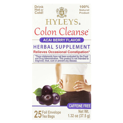 Product Image for Hyleys Tea, Colon Cleanse, Acai Berry, Caffeine Free, 25 Foil Envelop Tea Bags, 1.32 oz (37.5 g)
