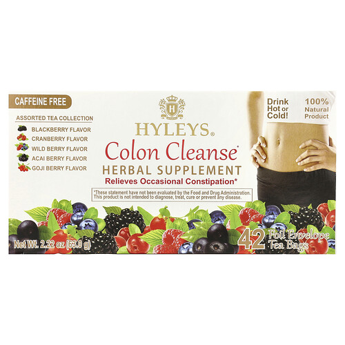 Hyleys Tea Colon Cleanse, Assorted Tea Collection, Caffeine Free, 42 Foil Envelope Tea Bags, 2.22 oz (63 g)