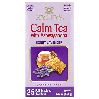 Hyleys Tea, Kalmerende thee met Ashwagandha, honing en lavendel, cafeïnevrij, 25 theezakjes in folie, 37,5 g