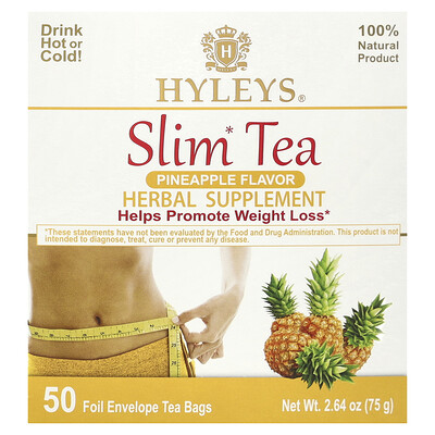 Product Image for Hyleys Tea, Slim Tea, Pineapple, 50 Foil Envelope Tea Bags, 2.64 oz (75 g)