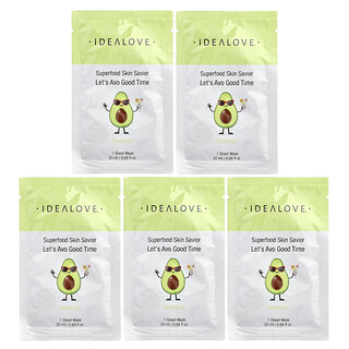 Idealove, Superalimentos de rescate para la piel, Fiesta de aguacates, 5 mascarillas de belleza en lámina, 20 ml (0,68 oz. líq.) cada una