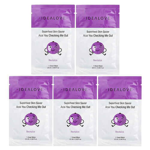 Idealove Superfood Skin Savior, Acai You Checking Me Out, 5 Beauty Sheet Masks, 0.68 fl oz (20 ml) Each