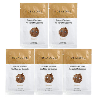 Idealove, 슈퍼 푸드 스킨 세이비어, 유 메이크 미 코코넛츠, 뷰티 시트 마스크 5개입, 각 20ml(0.68fl oz)