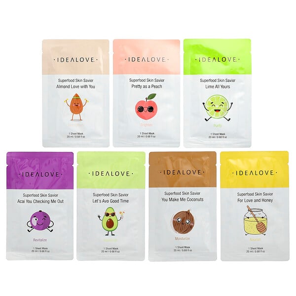 Idealove Superfood Skin Savior Beauty Masks, Variety Pack, 7 Sheets, 0.68 fl oz (20 ml) Each