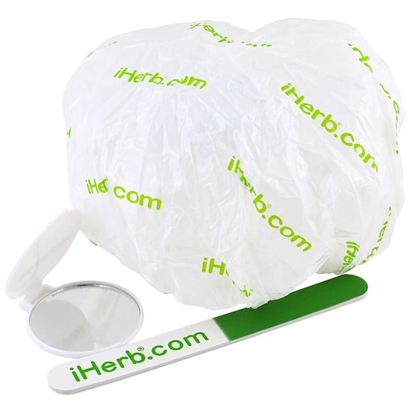 iHerb Goods, Promotional  Shower Cap, Mirror & Nail File, 3 Pieces