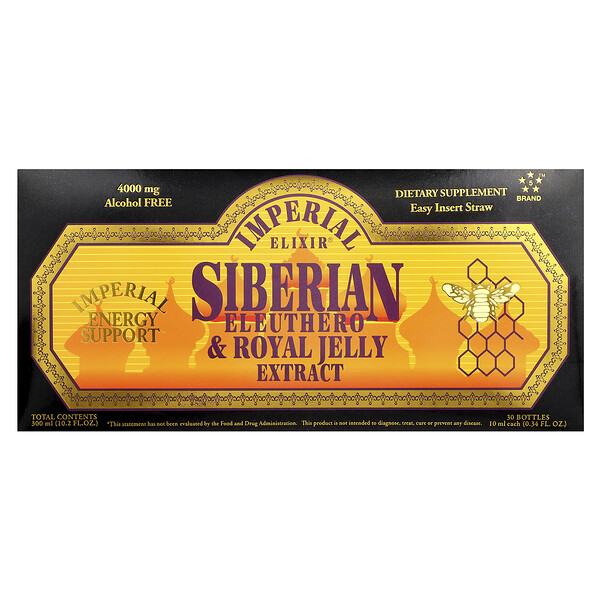 Imperial Elixir Siberian Eleuthero & Royal Jelly Extract, Alcohol Free, 30 Bottles, 0.34 fl oz (10 ml) Each
