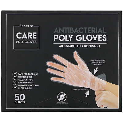Kosette Antibacterial Poly Gloves, Adjustable Fit + Disposable, 50 Gloves