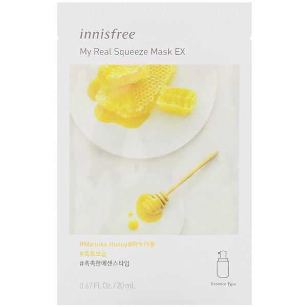 Innisfree, 마이 리얼 스퀴즈 뷰티 마스크 EX, 마누카 꿀, 1매, 20ml(0.67fl oz)