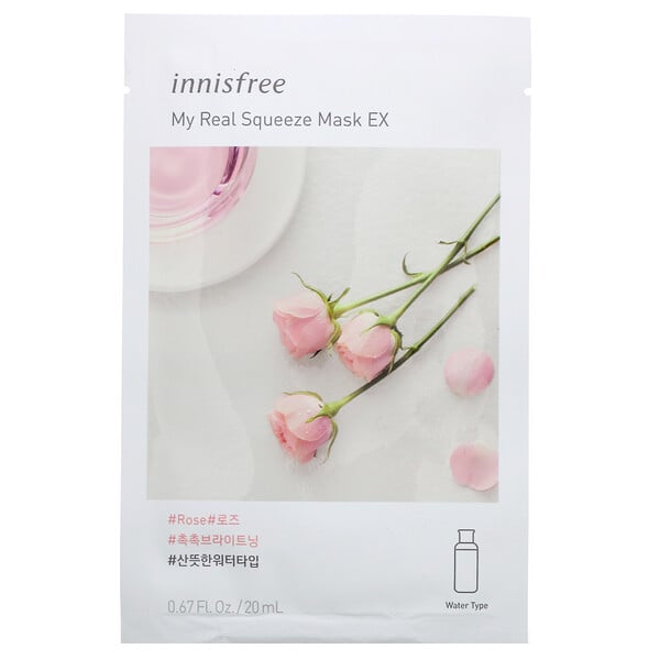 Innisfree, My Real Squeeze Beauty Mask EX, тканевая маска с розой, 1 шт., 20 мл (0,67 жидк. унции)