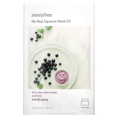 Innisfree My Real Squeeze Beauty Mask EX, тканевая маска с ягодами асаи, 1 шт., 20 мл (0,67 жидк. унции)